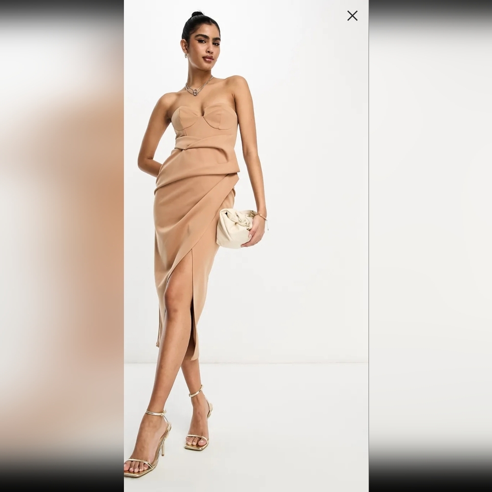 ASOS DESIGN Cupped Bandeau Manipulated Pleat Midi Pencil Dress in Caramel